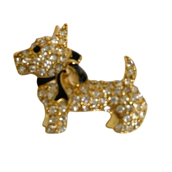 Vintage Monet Rhinestone-Encrusted Scottie Dog Brooch Pin with Black Bow Accent - Picture 1 of 6